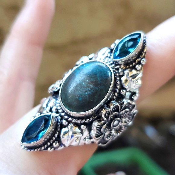 New Chrysocolla and Blue Topaz 925 Silver Statement Ring. - Picture 2 of 12